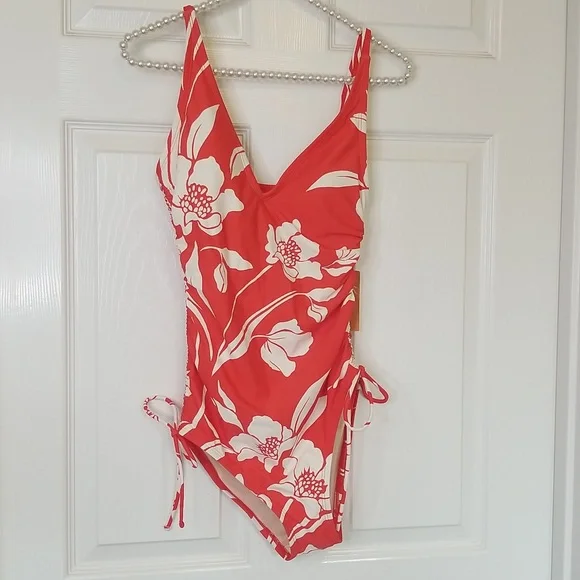 Kona Sol Red White Floral One Piece V Neck Swimsuit Size Small 4-6 - Picture 3 of 12